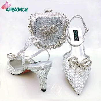 2023 Nou-veniți Design Special, Culoare Argintie Femeile Africane Pantofi și Geantă Set Subliniat Toe Pompe pentru Petrecerea de Nunta