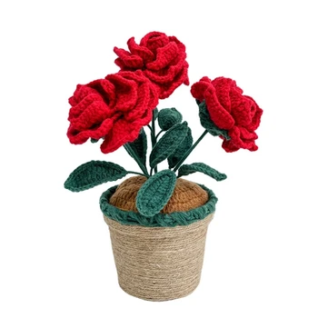 2024 Nou de Mână-tricotate Rose Floare Croșetat de Mână-țesute Flori Ghivece cu Plante Desktop Ornamente Decor Masina de Artizanat Ziua Mamei