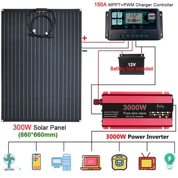 3000W 2200W Sistem de Energie Solară Încărcător de Baterie 300W Panou Solar 150A Controler de Încărcare 110V/220V Putere Invertor Generație Kit