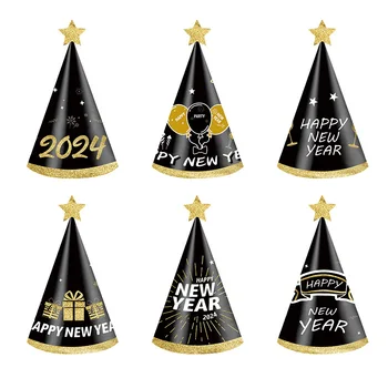6Pcs Negru 2024 An Nou Fericit, Pălărie de Hârtie Coroana Copii Adult Photo Booth Capac Ajunul de Crăciun Natal 2024 Crăciun Fericit Petrecere Decoratiuni