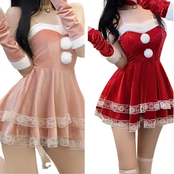 Anime Crăciun Iepurasul Fată Roșu și Șampanie Roz Dantela Rochie Costum Cosplay Costum Adult Femei Petrecere de Seara, Fusta pentru Xmas