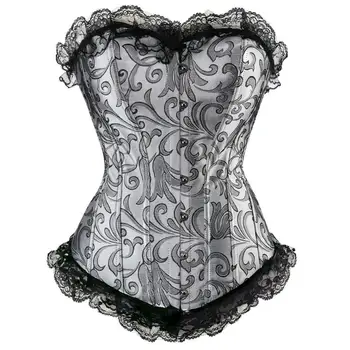 Brocart argintiu sexy lace up corset floral jacquard de zale bustiera busk korsett femei talie slăbire overbust burlesc corset