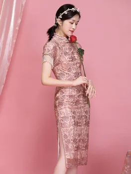 Cabină De Duș De Mireasă Roz Dantela Stil Chinezesc Rochie De Petrecere Cheongsam