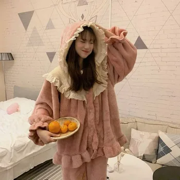 Dantela Femei Pijama Set De Iarna Cu Gluga Sleepwear Fleece 2 Bucata Costum Pantaloni Acasă Dantela Coreean Volane Pijamale Cald Seară