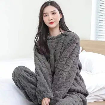 De iarnă pentru Femei Set de Pijama Fleece Sleepwear Solid Catifea 2 Piese Pantaloni Acasă Costum Pufos Pijamale Cald O-gât Casual Uzura de Noapte