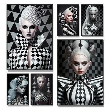 Fantezie Femeie Art Portret Printuri Pentru Home Decor Gotic Negru Alb Geometrie De Șah, Regina Panza Pictura Arta De Perete Cadou