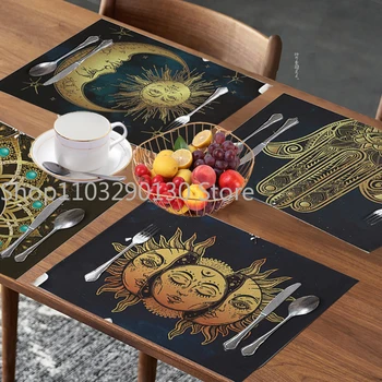 Fețe De Masă Boho-Hippie Bucătărie Placemat Cupa Rogojini Suport De Pahare Negru Soare De Aur, Luna Mandala Faza De Luat Masa Tampoane