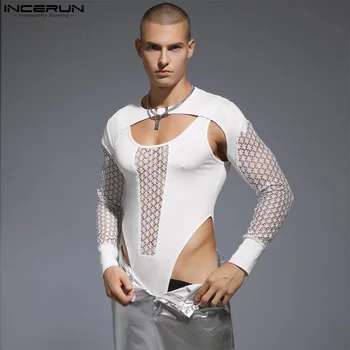 INCERUN 2023 Bărbați Costume Plasă de Mozaic Gol Afară Salopetă Bărbați Streetwear O-gat Maneci Lungi Transparente de Moda Sexy Body