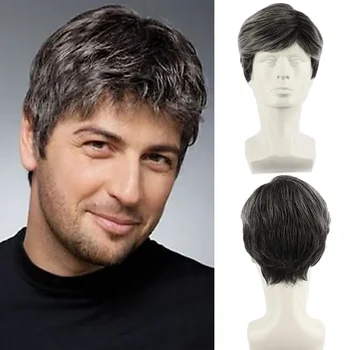 moda pentru bărbați scurt, negru & gri pufos parul drept fibre sintetice capul de sex masculin peruca