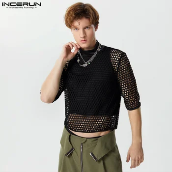 Moda Stil Casual Topuri INCERUN Bărbați Gol Plasă de Mozaic tricouri Sexy Trunchiate Jumătate de Înaltă Gât cu Mânecă Scurtă Camiseta S-3XL