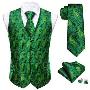 Om Elegant Costum Vesta De Mătase Verde Paisley Petrecere De Nunta Vestă, Cravată Set De Haine De Sex Masculin Rochie Formale Fără Mâneci Jacheta Barry Wang