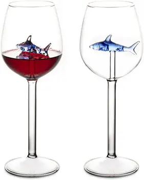 Pahare de vin cu Rechin Interior, 2 BUC Albastru Unic de Pahare de Vin pentru Rechin Iubitor de Cadouri de Nunta