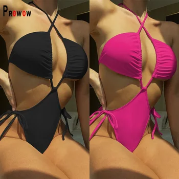 Prowow Femei Sexy Bikini-O bucată Solidă de Culoare Dantelă-Up Baie Swimwears 2023 Noi de Vara Lady Costumele de Plajă, Costume de baie