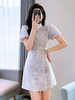 Puffy Maneca Chineză Costum De Tinere Fete Slim Scurt Qipao Rochie