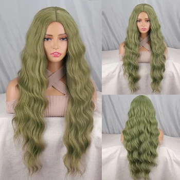 Verde peruca sintetica cu mult forma de unda, femei rezistente la căldură naturală center, potrivit pentru rol partide