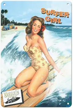 Vintage din Metal Staniu Semn Surfer Fata - Surfing Pin-Up Girl Home Bar Bucatarie Decor de Perete Placa Semn 12X8Inch